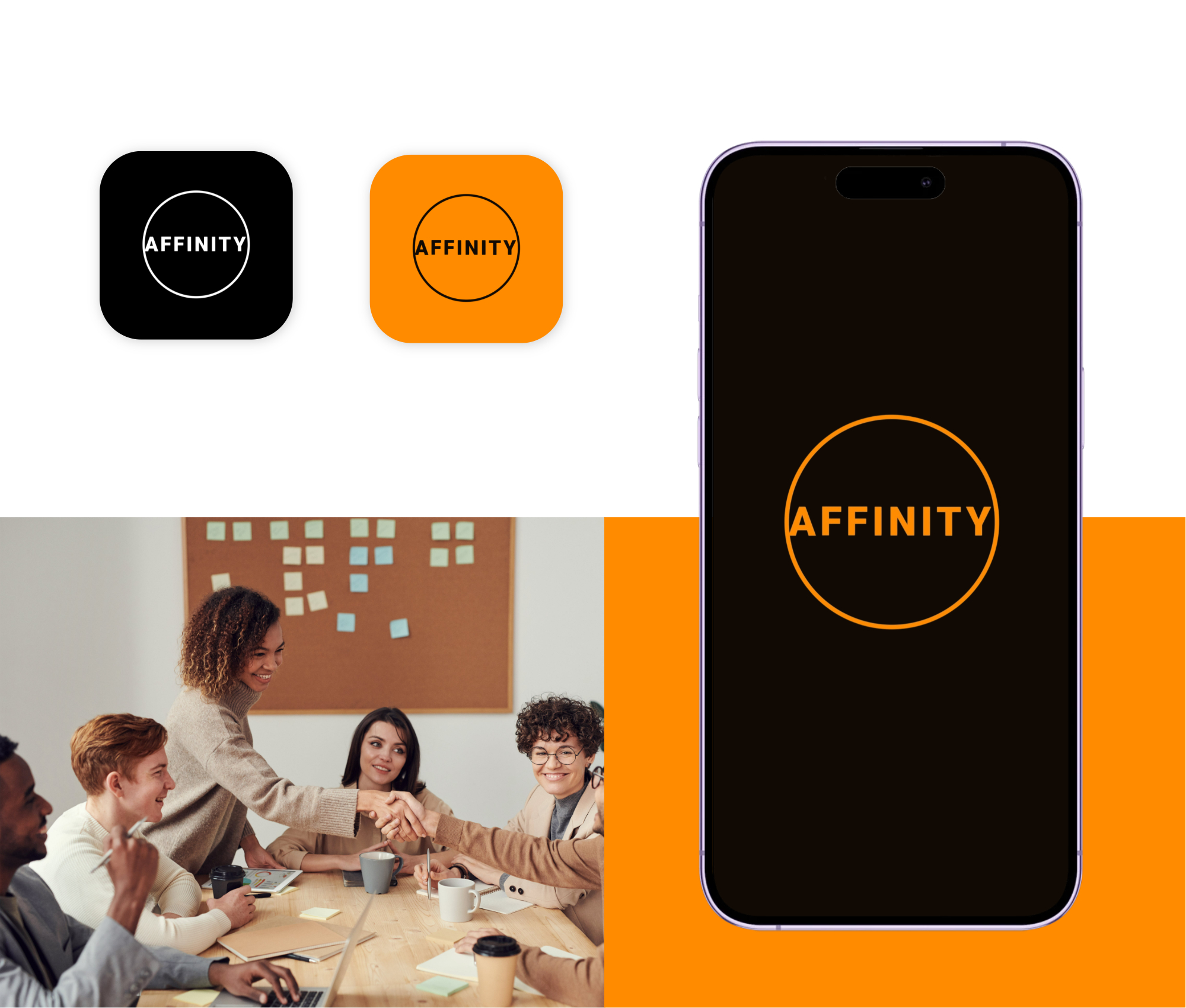 Image de marque d'Affinity Story avec un portable, une palette de couleurs et un groupe de jeunes qui se détendent.